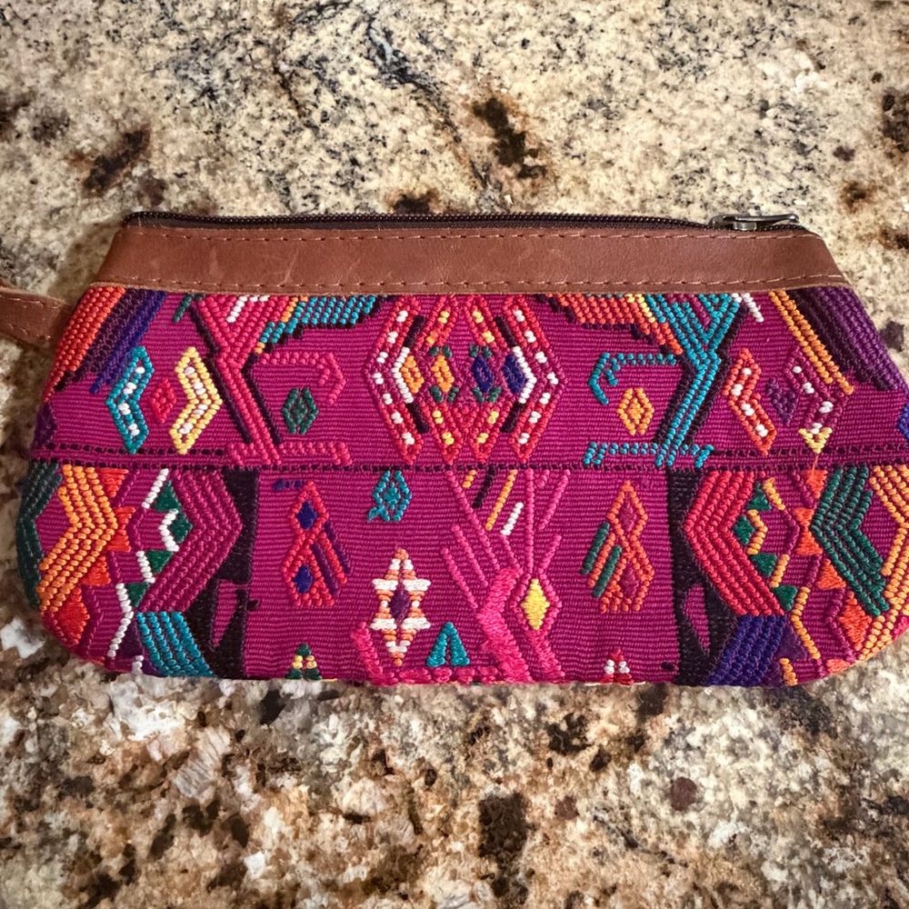 Nena & Co Mini Clutch Wristlet Guatemalan Artisan Embroidered Leather Pouch